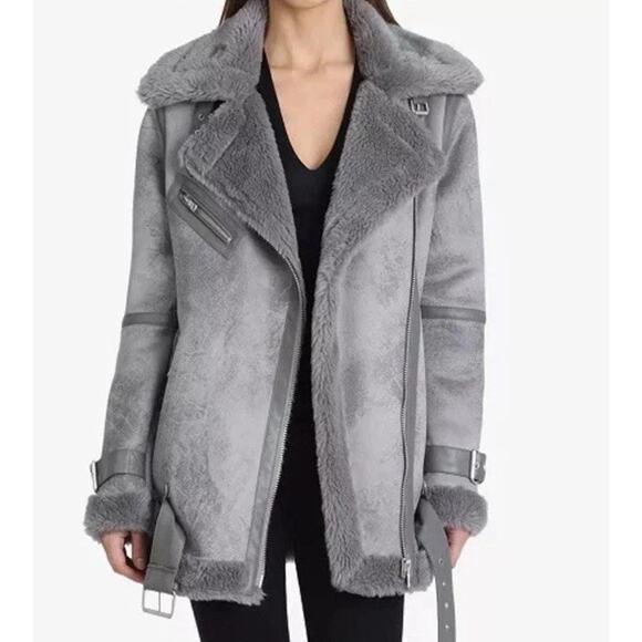 Avec Les Filles Jackets & Blazers - Avec Les Filles Womens Bonded Faux Shearling Biker Moto Jacket - Gray Size XL